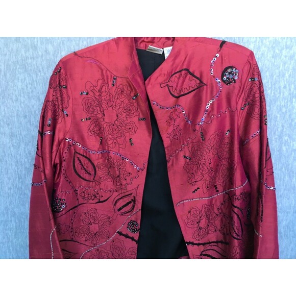 Bleu Bayou Long Sleeve Open Front 100% Silk Beaded Red Jacket Woman' SZ Medium - Picture 3 of 16